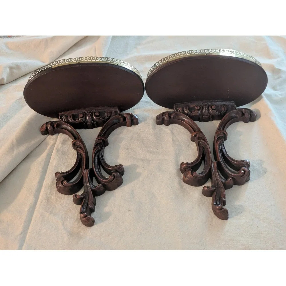 Lot of 2 Syroco Wood Wall Corbel Shelves Brass Gallery Rail MCM 11 In